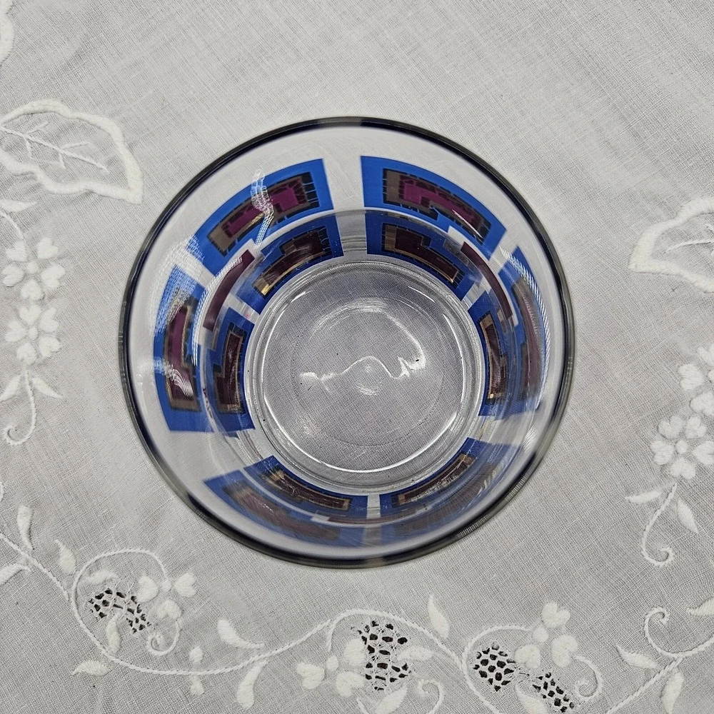 Vintage Berta MCM Rocks Glass Blue Purple Gold Greek Key‎ Geometric Barware